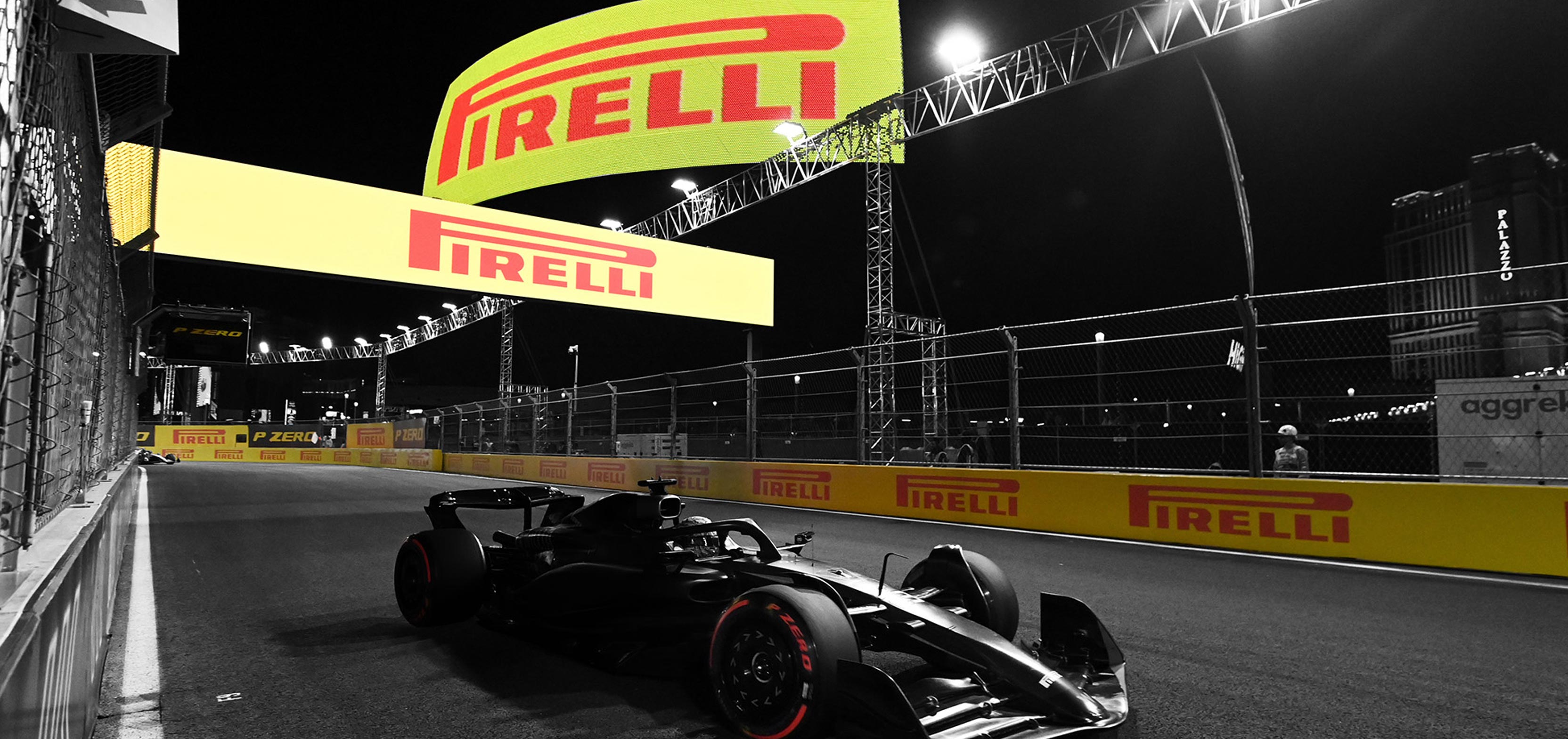 Pirelli signs at racetrack and F1 car