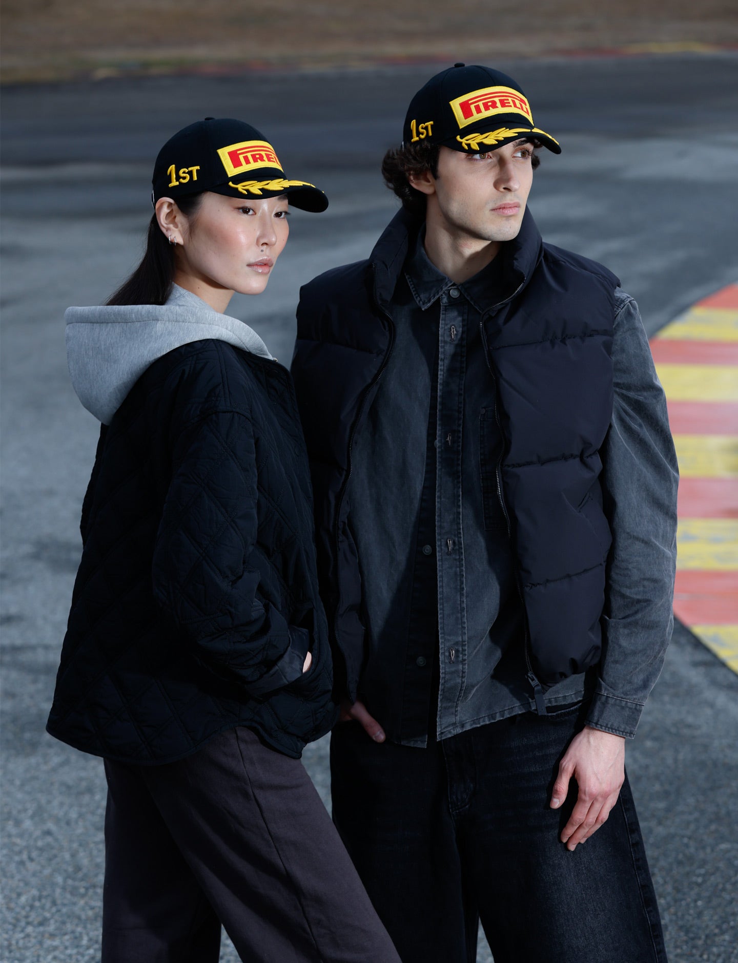 Pirelli black cap on man and woman